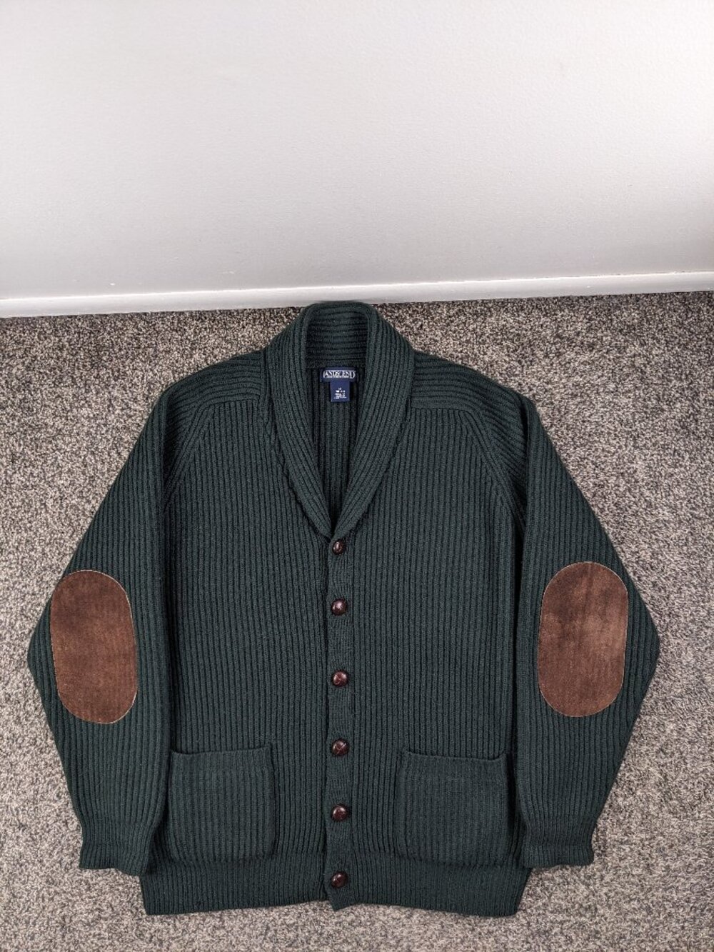 Vintage Lands End Sweater Lambswool Shawl Cardigan Elbow Patches Mens Medium